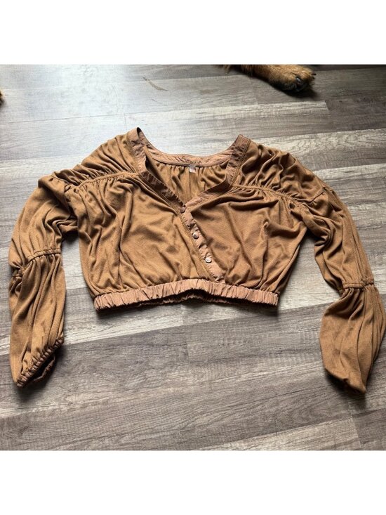 FP Movement Tops - Brown Long-Sleeve Cropped Top By FP Movement With Ruched Sleeves & Button Detail
